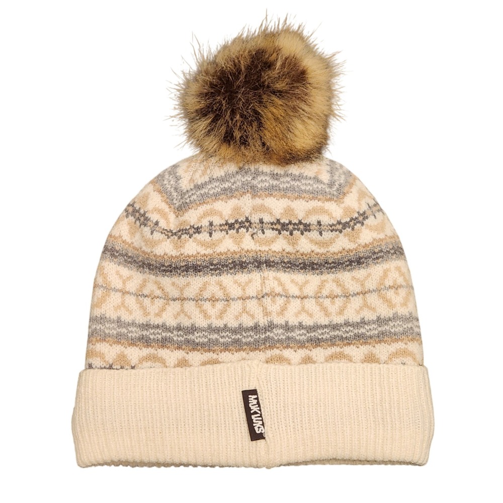 Muk Luks Fair Isle Knit Beanie Fleece Lined Faux Fur Pom Pom Hat Cream Tan OSFM